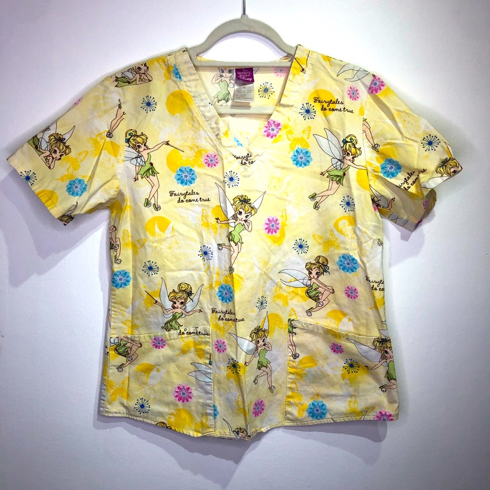 Disney The Wonderful World of Disney Tinker Bell Medical Scrub Top Yellow S